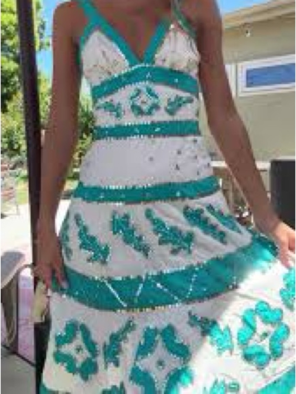 BCBGMaxAzria Teal and White Embellished V-Neck Midi Dress